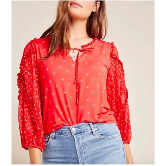 Maeve Tops - Anthropologie MAEVE Jacquin Lace Sleeve Top